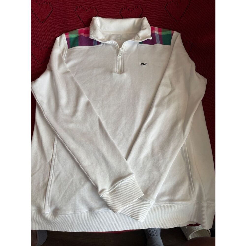 Vineyard Vines White Women's 1/4 Zip-Front white top with plaid details. Nice!